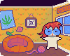 A pixel art gif of a mini Shrimpoe jumping up and down. He is in a yellow room with red flowered wallpaper. There is a window to the right, and a pumpkin bean bag chair and a ball of yarn to the left.
