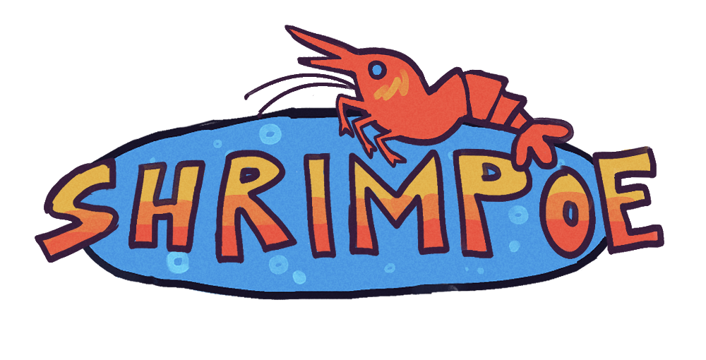 Drawn logo for Shrimpoe. Yellow and red text over a blue circle. There is a cartoon shrimp over the text.